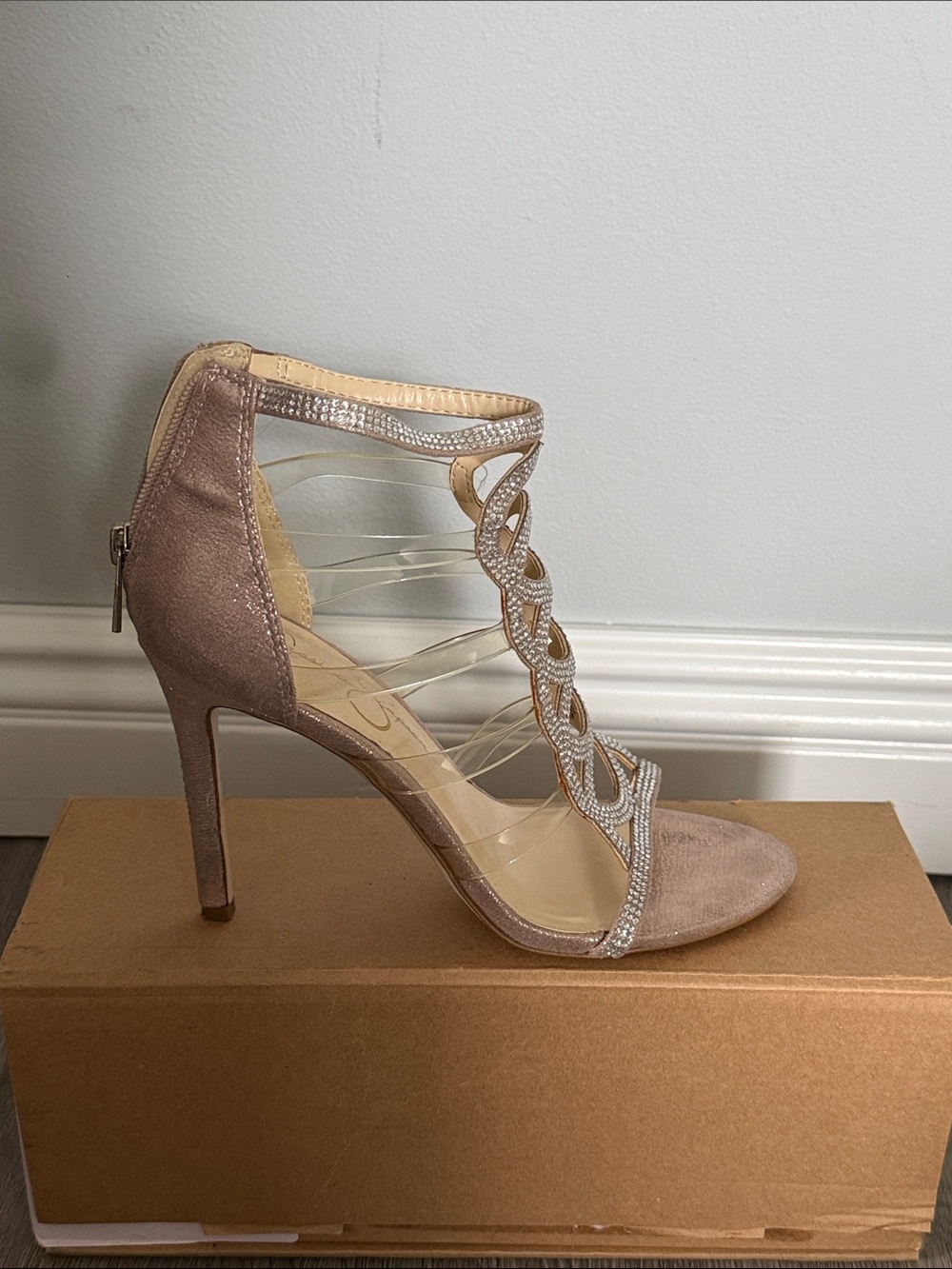 Jessica Simpson Nude Blush Crystal-Embellished High Heel Sandal